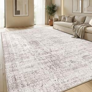 Area Rug 5x7 for Living Room - Machine Washable Area Rugs for Bedroom Vintage Stain Resistant Non Slip Low Pile Carpet for Dinning Room Farmhouse Kids Room Home Office,Brown/White