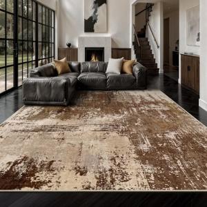 Yarooge 8x10 Rugs for Living Room - Modern Abstract Washable Rug, Ultra Soft Non Slip Low Pile Large Rugs, Floor Carpet for Bedroom Dining Room Office Laundry Nursery Home(A-Brown)