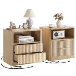 IRONCK Fluted Night Stand Set of 2, Modern Nightstand with Charging Station, Drawers and Open Shelves - Bedside Table Wood Side Table Set for Bedroom, Oak