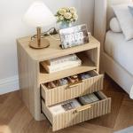 IRONCK Fluted Night Stand Set of 2, Modern Nightstand with Charging Station, Drawers and Open Shelves - Bedside Table Wood Side Table Set for Bedroom, Oak