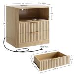 IRONCK Fluted Night Stand Set of 2, Modern Nightstand with Charging Station, Drawers and Open Shelves - Bedside Table Wood Side Table Set for Bedroom, Oak