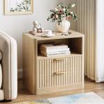 IRONCK Fluted Night Stand Set of 2, Modern Nightstand with Charging Station, Drawers and Open Shelves - Bedside Table Wood Side Table Set for Bedroom, Oak
