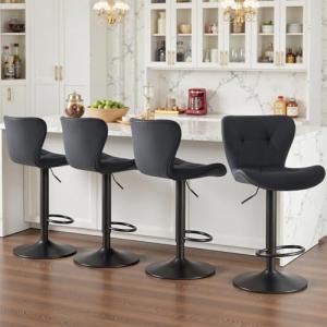 Sweetcrispy Modern Bar Stools Set of 4, Adjustable Faux Leather Upholstered Swivel Bar Stools, Counter Height Bar Chairs with Back for Kitchen Island, Black