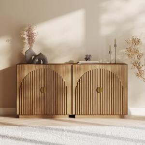 BELLEZE Set of 2 Modular Fluted Sideboard Buffet Cabinet with Storage, Mid-Century Modern Console Table with Symmetrical Arched Doors, Credenza for Dining Room, Kitchen and Living Room, Caramel Brown