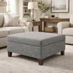 HomePop Square Storage Ottoman with Wood Legs, Slate Gray