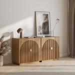 BELLEZE Set of 2 Modular Fluted Sideboard Buffet Cabinet with Storage, Mid-Century Modern Console Table with Symmetrical Arched Doors, Credenza for Dining Room, Kitchen and Living Room, Caramel Brown