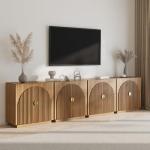 BELLEZE Set of 2 Modular Fluted Sideboard Buffet Cabinet with Storage, Mid-Century Modern Console Table with Symmetrical Arched Doors, Credenza for Dining Room, Kitchen and Living Room, Caramel Brown