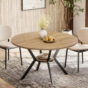 MECHYIN 42 Inch Round Dining Table for 2–4, Farmhouse Round Kitchen Table with Storage Shelf, Pedestal Dining Table, Wood Top & Metal Base, Small Space Table for Apartment, Dining Room