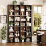 FOTOSOK 71'' Tall Bookshelf with 14 Cubes, 7 Tier Double Wide Wood Bookshelf with 6 Adjustable Shelves, 19.6" Narrow Bookcase DVD/CD Media Storage, Space Saving Display Shelf Cabinet, Black/Brown