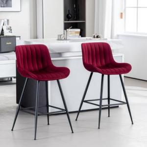 Whiterye Bar Stools Set of 2 - Burgundy Counter Height Bar Stools Velvet Fabric Upholstered Bar Stools 24 Inches Seat Height Barstools with Backs Bar Chairs for Kitchen Island (Burgundy).