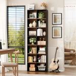 FOTOSOK 71'' Tall Bookshelf with 14 Cubes, 7 Tier Double Wide Wood Bookshelf with 6 Adjustable Shelves, 19.6" Narrow Bookcase DVD/CD Media Storage, Space Saving Display Shelf Cabinet, Black/Brown