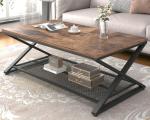 LVB Rustic Coffee Table with Storage, Industrial Wood Metal 2 Tier Center Living Room Table with Mesh Shelf, Farmhouse Wooden Low Rectangle Cocktail Tea Table for Office Bedroom, 47 inch, Rustic Brown