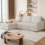 FAVSH 81.5" Convertible L Shaped Sleeper Sofa, 3-Seat Pull Out Sectional Couch with Storage Chaise & Removable Cushions, Chenille Fabric for Small Living Room Apartment, Beige