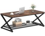 LVB Rustic Coffee Table with Storage, Industrial Wood Metal 2 Tier Center Living Room Table with Mesh Shelf, Farmhouse Wooden Low Rectangle Cocktail Tea Table for Office Bedroom, 47 inch, Rustic Brown