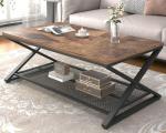 LVB Rustic Coffee Table with Storage, Industrial Wood Metal 2 Tier Center Living Room Table with Mesh Shelf, Farmhouse Wooden Low Rectangle Cocktail Tea Table for Office Bedroom, 47 inch, Rustic Brown