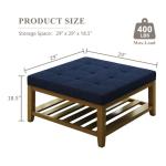 Befurtori Large Square Ottoman Coffee Table, Linen Solid Upholstered Footrest Ottoman with Solid Wood Shelf Storage Tufted Coffee Table for Bedroom Living Room, Navy Blue