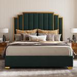 AMERLIFE King Size Upholstered Bed, Modern Velvet Bed Frame with 65.4” Tall Gold Trim Headboard, No Box Spring Needed, Green