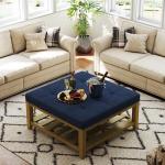 Befurtori Large Square Ottoman Coffee Table, Linen Solid Upholstered Footrest Ottoman with Solid Wood Shelf Storage Tufted Coffee Table for Bedroom Living Room, Navy Blue
