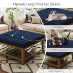 Befurtori Large Square Ottoman Coffee Table, Linen Solid Upholstered Footrest Ottoman with Solid Wood Shelf Storage Tufted Coffee Table for Bedroom Living Room, Navy Blue