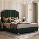 AMERLIFE King Size Upholstered Bed, Modern Velvet Bed Frame with 65.4” Tall Gold Trim Headboard, No Box Spring Needed, Green