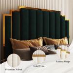 AMERLIFE King Size Upholstered Bed, Modern Velvet Bed Frame with 65.4” Tall Gold Trim Headboard, No Box Spring Needed, Green