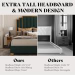 AMERLIFE King Size Upholstered Bed, Modern Velvet Bed Frame with 65.4” Tall Gold Trim Headboard, No Box Spring Needed, Green