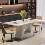 LITTLE TREE Dining Table for 4-6 People, 63 Inches Dining Room Table with Wooden Triangle Pedestal Base, White Faux Marble Rectangle Dinner Kitchen Table for Dining Room, Kitchen, Living Room