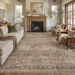 HUGEAR Area Rug 8x10 Vintage Brown Machine Washable Living Room Rugs Distressed Retro Floral Vacuumable Low Pile Carpet Bedroom Office Dining Room Laundry Room Non Slip Soft Lightweight