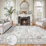 Washable Area Rug 8x10 Gray, Large Soft Rugs for Living Room Floral Grey White Carpet 8x10 Area Rugs for Bedroom Dining Room Non-Slip Stain Resistant Under Table Rug (8 x 10, Grey White)