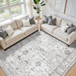 Washable Area Rug 8x10 Gray, Large Soft Rugs for Living Room Floral Grey White Carpet 8x10 Area Rugs for Bedroom Dining Room Non-Slip Stain Resistant Under Table Rug (8 x 10, Grey White)