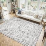 Washable Area Rug 8x10 Gray, Large Soft Rugs for Living Room Floral Grey White Carpet 8x10 Area Rugs for Bedroom Dining Room Non-Slip Stain Resistant Under Table Rug (8 x 10, Grey White)