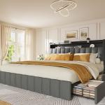 PRAISUN Bed Frame King Size with Upholstered Headboard & Charging Station, King Bed Frame with 4 Storage Drawers, 2-Tier Open Shelves, No Box Spring Needed, Slient Foam Strip, Easy Assembly, Grey