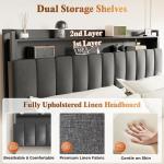 PRAISUN Bed Frame King Size with Upholstered Headboard & Charging Station, King Bed Frame with 4 Storage Drawers, 2-Tier Open Shelves, No Box Spring Needed, Slient Foam Strip, Easy Assembly, Grey