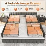 PRAISUN Bed Frame King Size with Upholstered Headboard & Charging Station, King Bed Frame with 4 Storage Drawers, 2-Tier Open Shelves, No Box Spring Needed, Slient Foam Strip, Easy Assembly, Grey