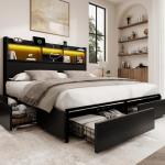 BRELTAM King Storage Bed Frame with 6 Drawers, USB Charging Station, No Noise, No Box Spring Required, Vintage Black Headboard Platform Bed