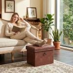 HarmonyHome Ottoman Faux Leather Storage Ottoman Bench, Rectangular Storage Ottoman for Bedroom End of Bed, Brown Leather Footrest Ottoman with Toy Blanket Storage 16" D x 12" W x 12" H (Small)