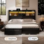 BRELTAM King Storage Bed Frame with 6 Drawers, USB Charging Station, No Noise, No Box Spring Required, Vintage Black Headboard Platform Bed