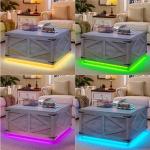 Jocoevol Farmhouse Lift Top Coffee Table, Square Wood Center Table with LED Lighting, USB-C Charging Station, and Hidden Storage Compartment - Rustic Grey Living Room Furniture