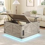 Jocoevol Farmhouse Lift Top Coffee Table, Square Wood Center Table with LED Lighting, USB-C Charging Station, and Hidden Storage Compartment - Rustic Grey Living Room Furniture