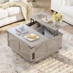 Jocoevol Farmhouse Lift Top Coffee Table, Square Wood Center Table with LED Lighting, USB-C Charging Station, and Hidden Storage Compartment - Rustic Grey Living Room Furniture