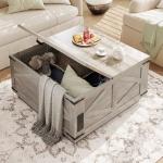Jocoevol Farmhouse Lift Top Coffee Table, Square Wood Center Table with LED Lighting, USB-C Charging Station, and Hidden Storage Compartment - Rustic Grey Living Room Furniture
