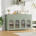 FINETONES Buffet Cabinet with Storage, 55.1" Large Sideboard Buffet, Farmhouse Kitchen Cabinet with 3 Drawers and 4 Doors, Wood Coffee Bar Table for Kitchen, Green