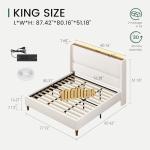 LARMACE King Size Bed Frame with LED Lights and Charging Station Linen Upholstered Platform Bed Frame with 51.2" Tall Wingback Headboard and Storage Shelf, No Box Spring Needed, Easy Assembly, Beige