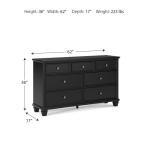 Signature Design by Ashley Lanolee Traditional Dresser with Framed Drawer Fronts and Tapered Feet, 7 Drawers, Satin Nickel Knobs, Wood, 36" High, Black
