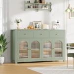 FINETONES Buffet Cabinet with Storage, 55.1" Large Sideboard Buffet, Farmhouse Kitchen Cabinet with 3 Drawers and 4 Doors, Wood Coffee Bar Table for Kitchen, Green
