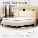 LARMACE King Size Bed Frame with LED Lights and Charging Station Linen Upholstered Platform Bed Frame with 51.2" Tall Wingback Headboard and Storage Shelf, No Box Spring Needed, Easy Assembly, Beige