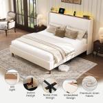 LARMACE King Size Bed Frame with LED Lights and Charging Station Linen Upholstered Platform Bed Frame with 51.2" Tall Wingback Headboard and Storage Shelf, No Box Spring Needed, Easy Assembly, Beige