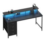 DUMOS Computer Desk with 4 Drawers,4 Drawer Gaming Desk with Power Outlets and LED Lights,Office Desk for Small Spaces with Monitor Shelf,Writing Desk for Home Office, Bedroom,Study 39 Inch Black