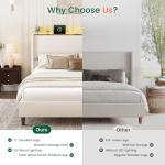 LARMACE King Size Bed Frame with LED Lights and Charging Station Linen Upholstered Platform Bed Frame with 51.2" Tall Wingback Headboard and Storage Shelf, No Box Spring Needed, Easy Assembly, Beige