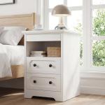 LIKIMIO Nightstand Set of 2, Night Stand with Pull Out Tray, Wooden Bedside Table with 2 Drawers and Open Shelf, Side Table for Bedroom, White